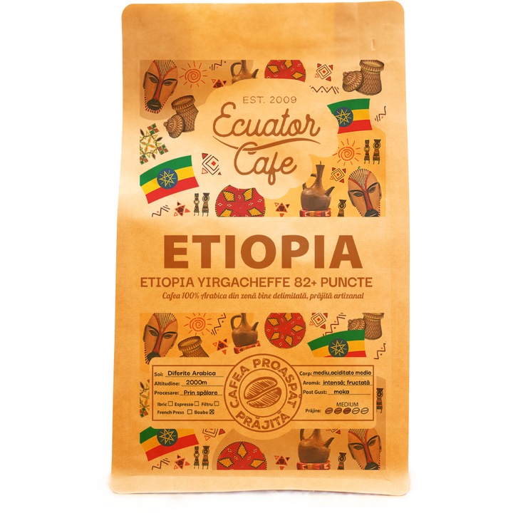 Cafea boabe Etiopia 100% Arabica, prajire light-medium, Ecuator, 200g – Yirgacheffe