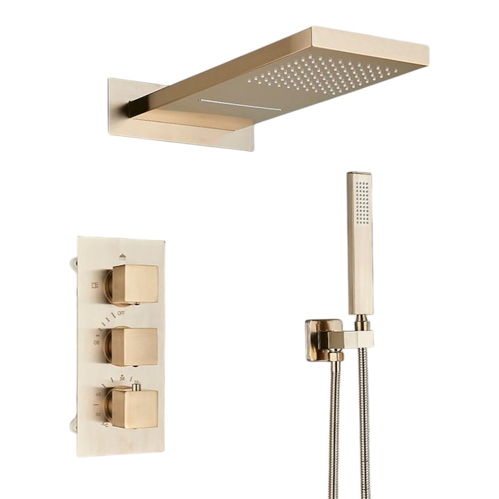 Душ система за баня, вградена с термостат, функция водопад и дъжд, матово златно покритие, стенна душ слушалка 55x22 cm
