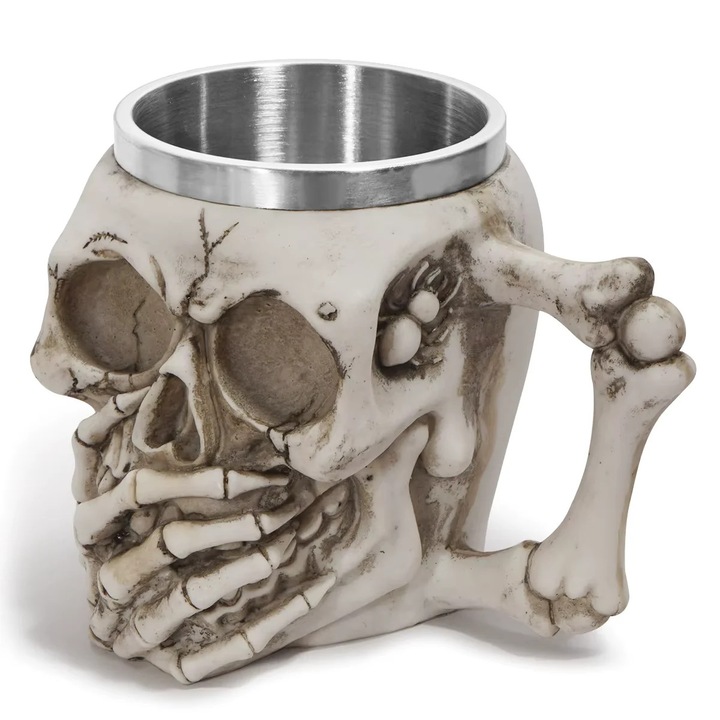 Halba de bere metalica in forma de Craniu, din Rasina si Inox, Capacitate 380 ml, 15 x 11 x 8.5 cm, Cana craniu, Cadou barbati, Cadou el