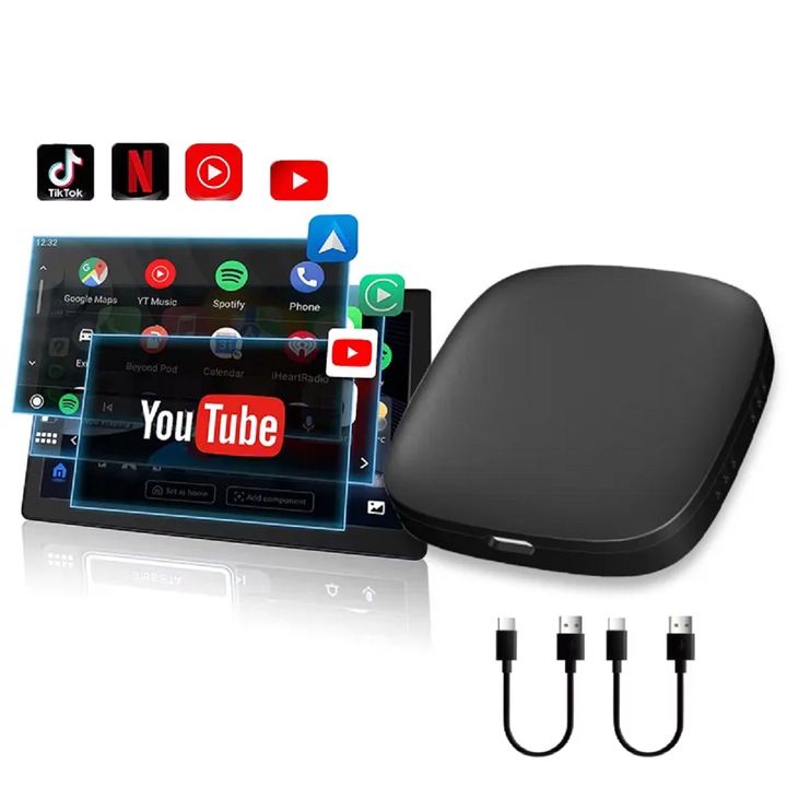 ENZIRO 3 az 1-ben vezeték nélküli autós adapter Apple Carplay és Android, Netflix, YouTube, Google Store támogatás, Wi-Fi 6 2.4 GHz + 5 GHz, 32 GB, gyárilag vezetékezett CarPlay rendszerhez, ANDROID 10, Plug & Play, USB és USB Type C adapter, matt fekete