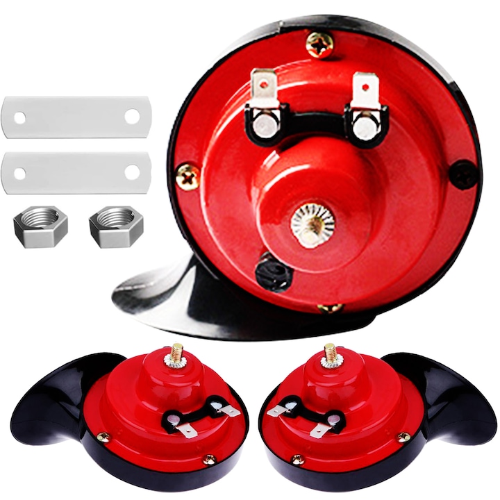 Claxon Auto Universal tip melc 12V, Tonuri inalte + joase 510 Hz + 410 Hz, Sunet puternic 110dB, Renew Force, Set Claxon Auto, compatibil autoturisme, dube, motociclete, barci, Rosu/Negru VSH-3