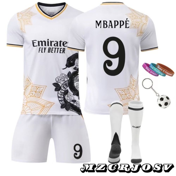 Детска спортна екипировка, Футболна тениска на Реал Мадрид Мбапе №9, MzcrJosv®, Сезон 2025/2026, 3 гривни, Ключодържател,, Бял