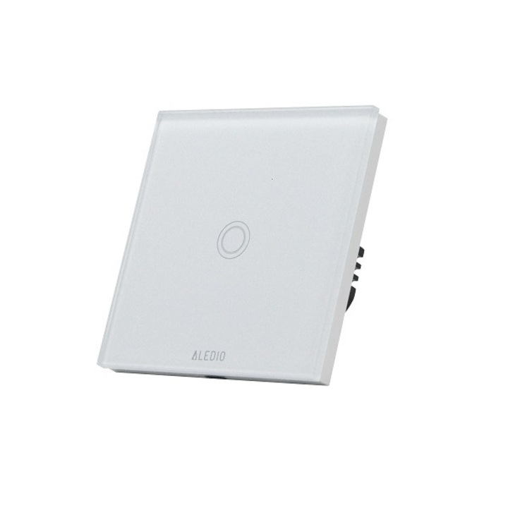 Intrerupator inteligent simplu, cu touch, rama din sticla, WiFi, alb, Aledio A01WFA
