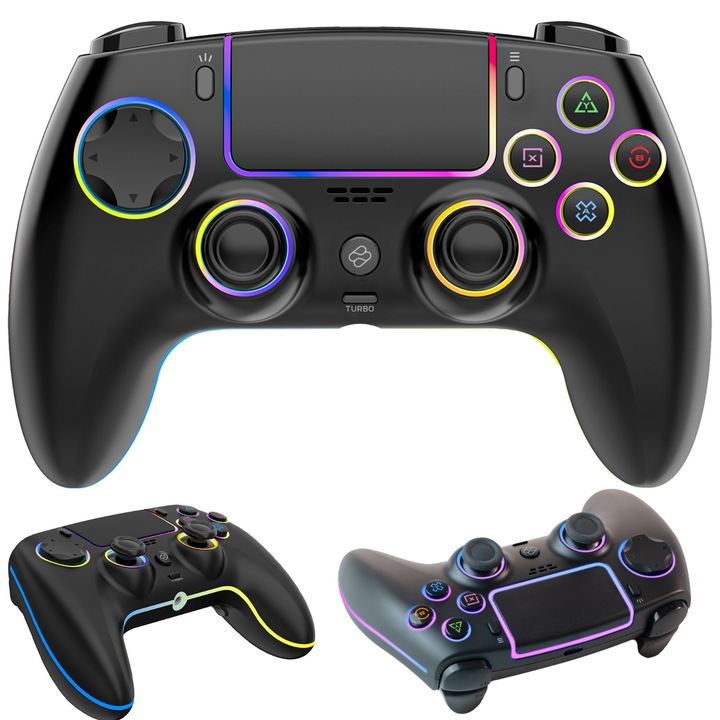 Controler wireless PS4 PC negru cu iluminare RGB eficienta