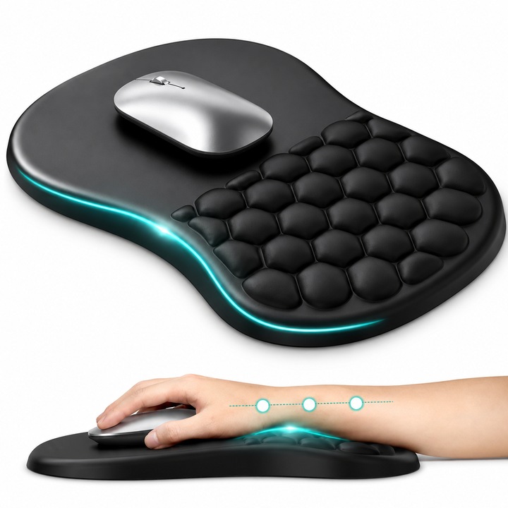 Mousepad, BYONDSELF®, Suport Pentru Incheietura Mainii cu Design de masaj, Poate Ameliora Durerea Incheieturii Mainii, Baza Anti-Alunecare din PU, Negru
