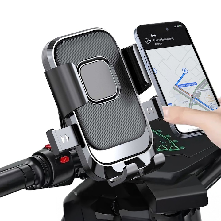 Държач за телефон за велосипед, BYONDSELF®, за велосипеди и мотоциклети, 6-щифтово закрепване, въртящ се на 360°, амортизиращ и противоплъзгащ, сплав, черен