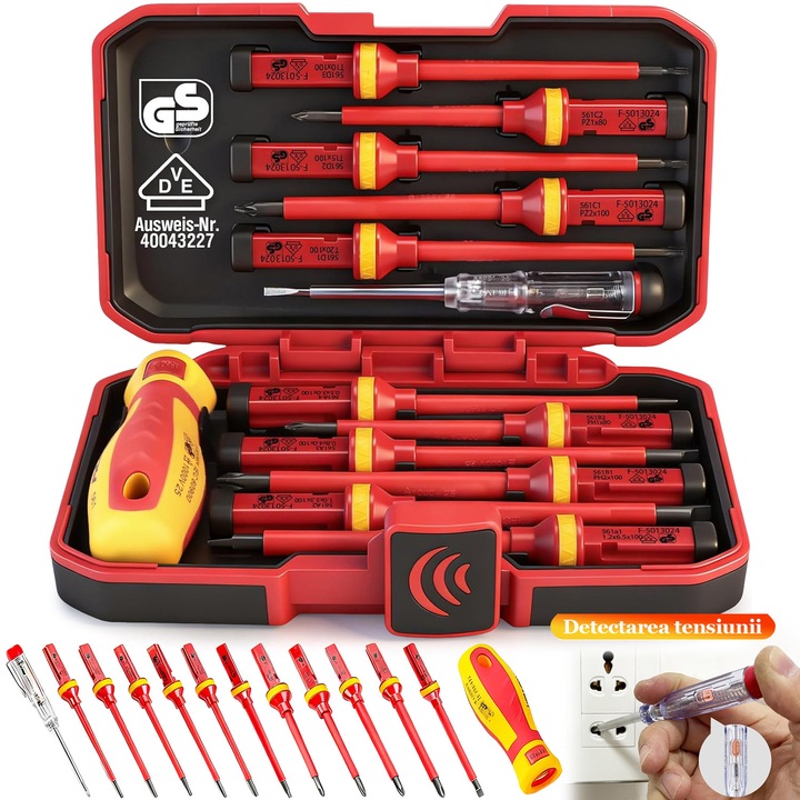 Trusa de Scule Pentru uz Casnic, BYONDSELF®, Include 4 Surubelnite Plate, 2 Surubelnite Philips, 2 Surubelnite Pozidriv, 3 Surubelnite Torx, 1 Maner Tpr Si 1 Tester De Tensiune, Rosu