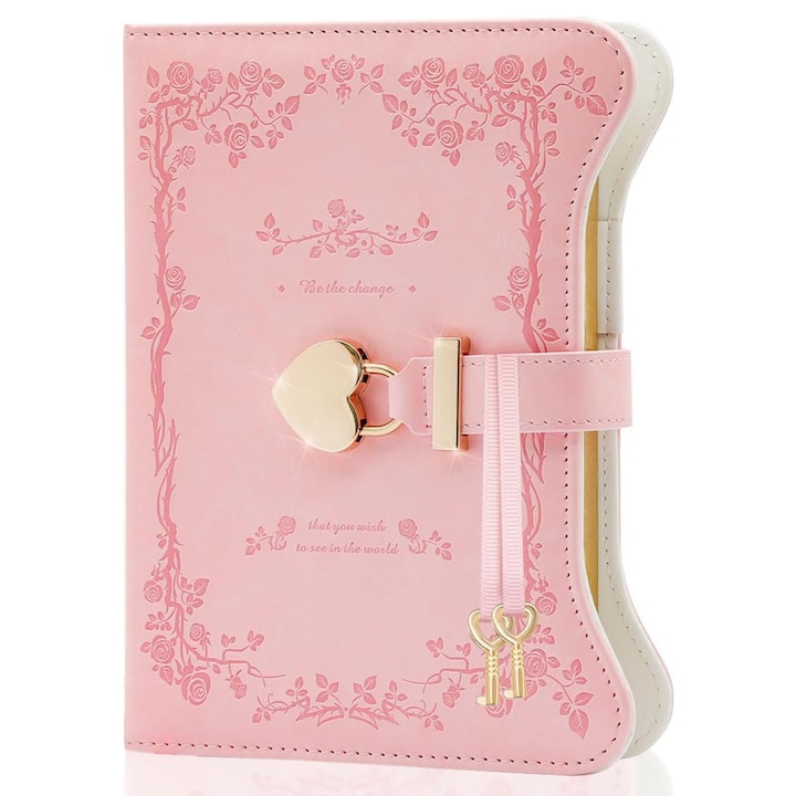 Jurnal cu lacat, BYONDSELF®, B6, Idee de Cadou Pentru Fete, Jurnal cu Margine Aurie de 360 de Pagini Pentru Fete, Roz Gradina
