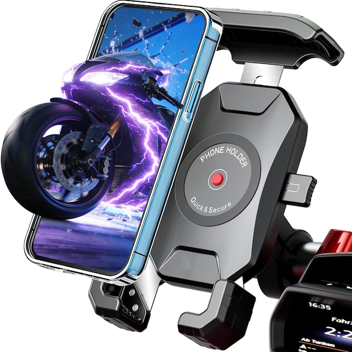 Suport telefon pentru bicicleta BYONDSELF®, blocare rapida 1s, operare cu o singura mana, baza din aliaj de aluminiu, compatibil cu biciclete si smartphone-uri intre 4''-7'', Argintiu-negru