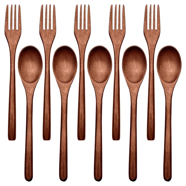 Комплект дървени прибори BYONDSELF 10 броя, включително 5 лъжици и 5 вилици, кафяв