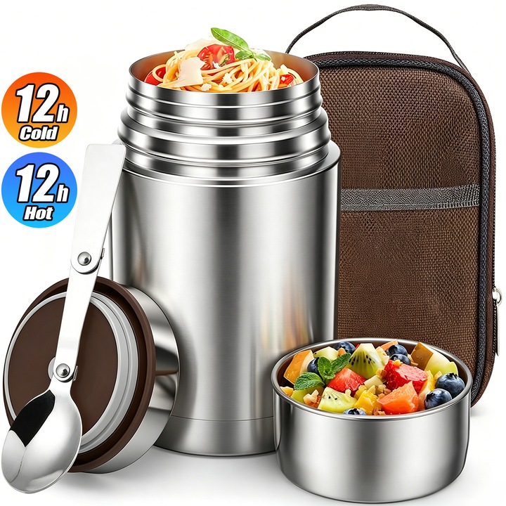Termos Alimentar, pentru Supa/Mancare, BYONDSELF®, cu Sac de Depozitare, 800 ml, 316 Inox, Proaspat Timp de 12 Ore, Portabila, Capac Utilizabil ca Bol, Perfecta pentru Pranz sau Calatorii, Argintiu
