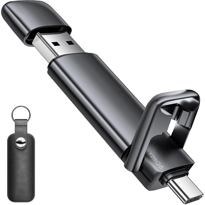 USB памет, USB 3.2 Gen 2, BYONDSELF®, 550 MB/s, 128GB, двоен порт, с кожен калъф за съхранение, метален
