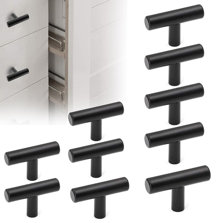 Set 10 Manere Mobilier, BYONDSELF®, otel inoxidabil, 5 cm, cu o singura gaura, cu surub, Negru