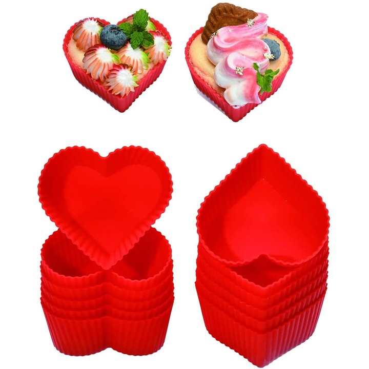 Set 12 forme silicon pentru briose YANYXR, reutilizabile, inima, 7x7cm