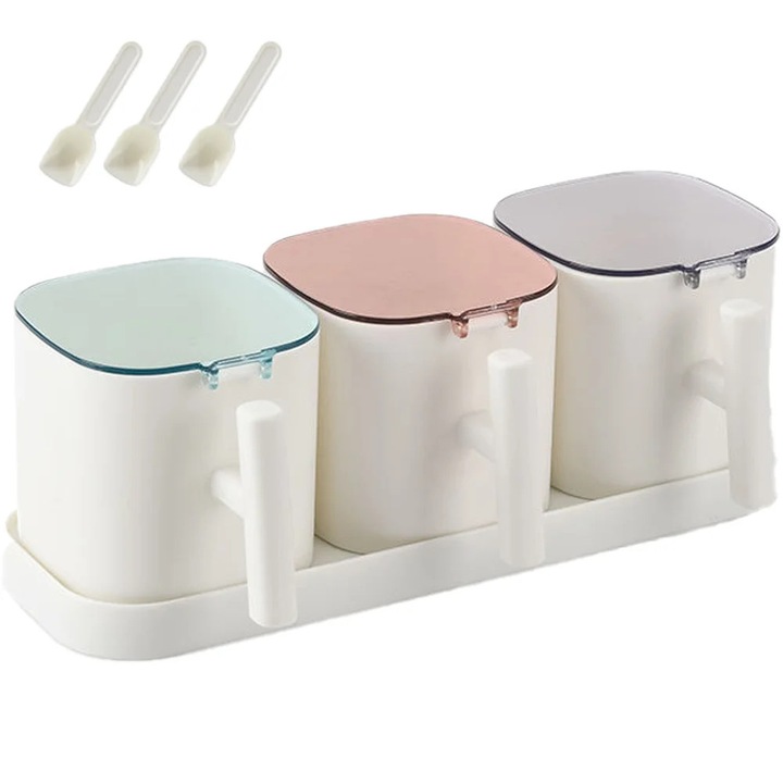 Set 3 boluri condimente YANYXR sticla capac inox linguri 10x10x8cm
