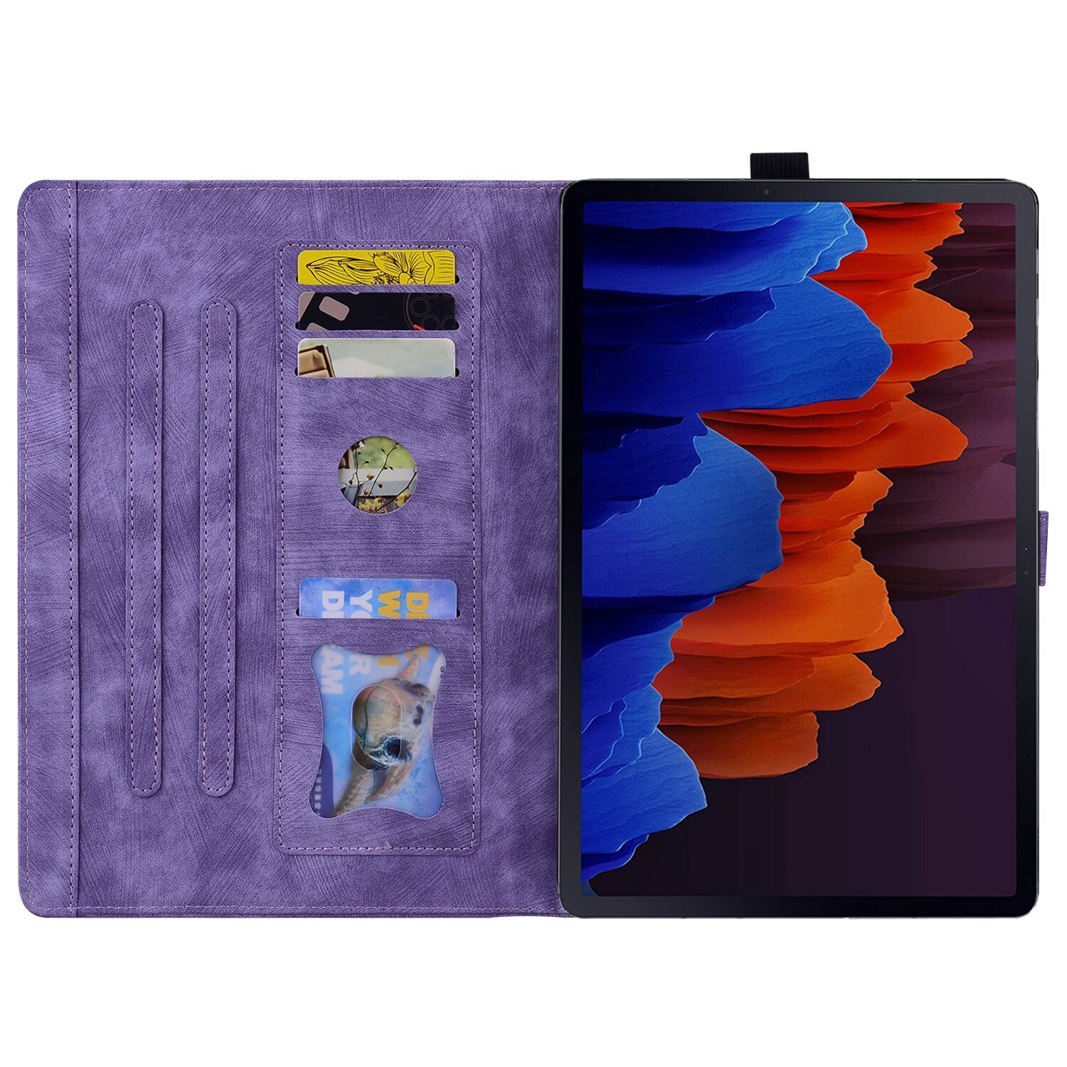 Husa tableta compatibila cu Samsung Galaxy Tab S9, piele smart cu motive de pisici si flori, mov