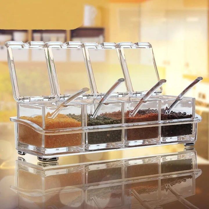 Set 4 recipiente condimente plastic, transparent, 7.9x5.8cm