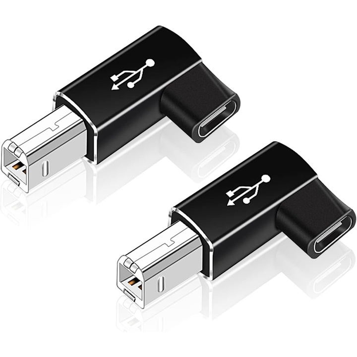 Set 2 Adaptor USB-C - USB-B MIDI metalic, PsAyl®, indoire la 90 de grade, pentru imprimante, controlere si instrumente muzicale, Negru