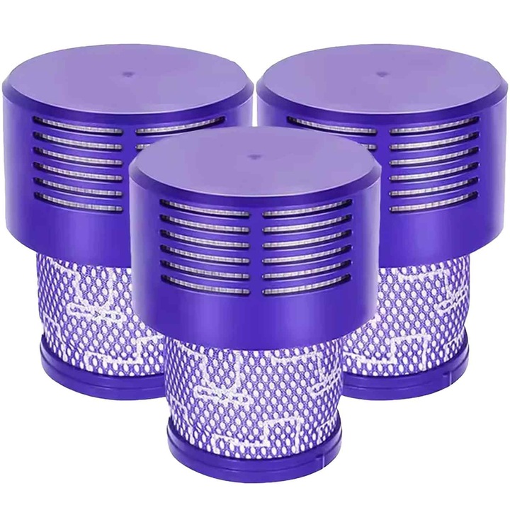 Filtru de aspirator compatibil cu Dyson V10, Cyclone V10, Absolute V10, Animal V10, Motorhead V10 Total Clean SV12, lavabil, set de 3 piese, violet, 87, 5 x 111 mm, Renew Force