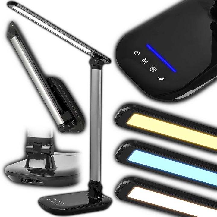 Lampa de birou LED, Renew Force cu Incarcare USB, 3 moduri lumina neutra, Lumina calda/neutra/rece, Niveluri de Intensitate, Timer 60 min, Control Tactil, Design Ajustabil, 540 lm, Negru/Crom LDL-103