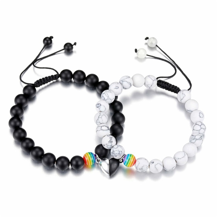 Pár karkötő szett, 2 db, féldrágakövek, gyöngy formájú, fekete láva és fehér márvány, 6,5 cm