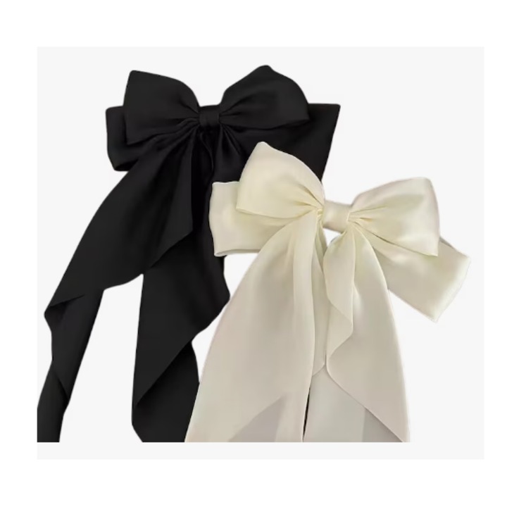 Комплект 2 фиби за коса, дълги, тип панделка, сатен / плат, черен / бежов, 20x38см