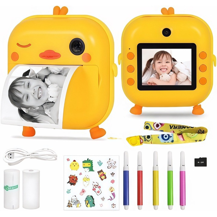 Aparat foto instant pentru copii, functii foto, video, printare, HD 1080P, ecran LCD de 2.4 inch, baterie 1200mAh, 48MP, Memorie de 32 GB, snur incluse, galben