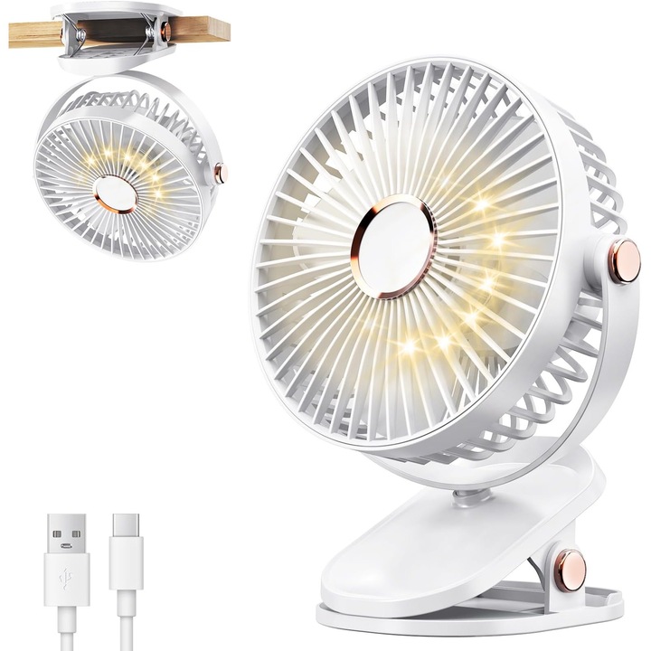 Hordozható ventilátor LED lámpákkal, 1200mAh USB asztali ventilátor, 5 sebesség, 720°-os forgatás, csendes, újratölthető mini asztali ventilátor otthoni irodába, kocsis kempingezéshez, fehér