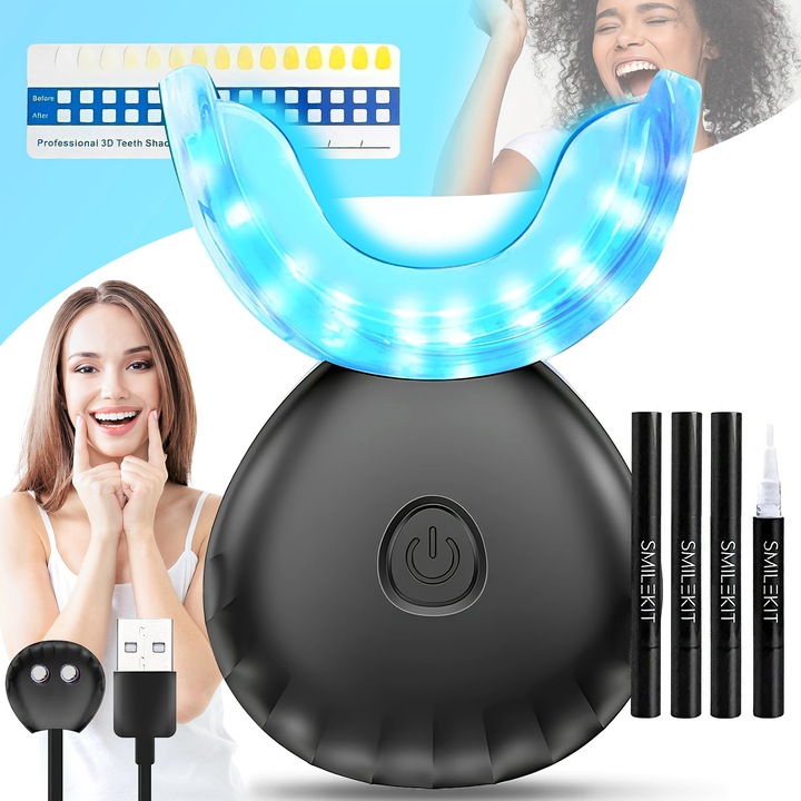 Otthoni fogfehérítő készlet, Excitat, 10-szer erősebb kék LED-del, USB, elemmentes, otthoni használatra, természetes fehérítés, hatékony folteltávolítás, 4 fogfehérítő gél tollal, fekete