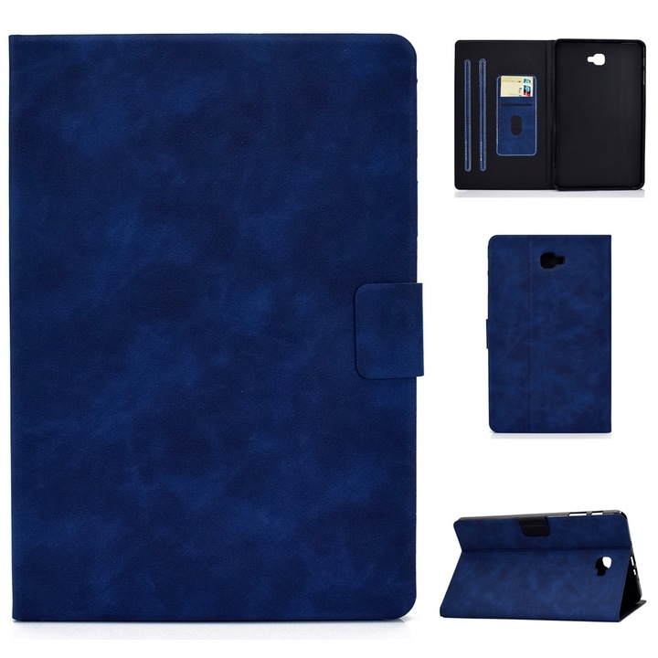Husa tableta compatibila cu Samsung Galaxy Tab A 10.1 T580/T585, textura piele de vaca, design carte, cu suport si sloturi carduri, functie sleep/wake-up, albastru