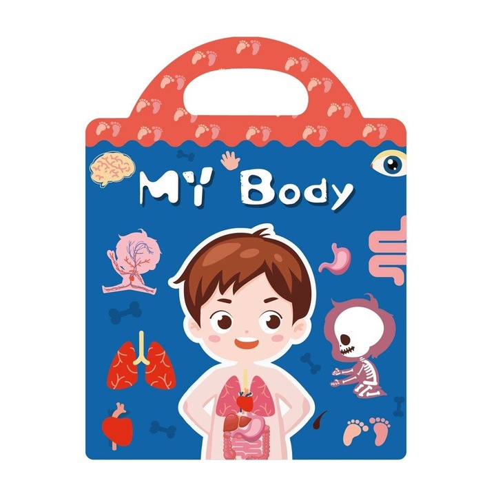 Carte educationala pentru copii cu autocolante, invatati cuvinte, reutilizabile, carte interactiva, partile corpului, potrivite pentru 3 ani +