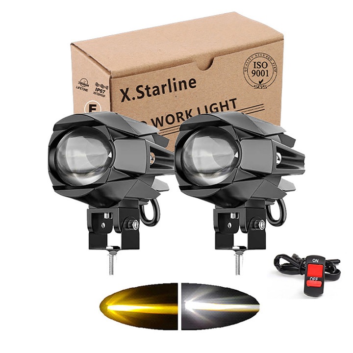 Set 2 de Proiector moto LED Starline Future Eye-1+Comutator Lumini motociclete 50W 5000 Lumen Spoturi LED auxiliare Mini Lumini de ceata/conducere pentru motocicleta Alb/Galben Motocicleta Lumini LED