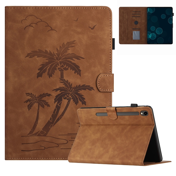 Husa tableta compatibila cu Samsung Galaxy Tab S7 T870/T875, piele ecologica cu design de copaci de nuca de cocos, inteligenta, maro