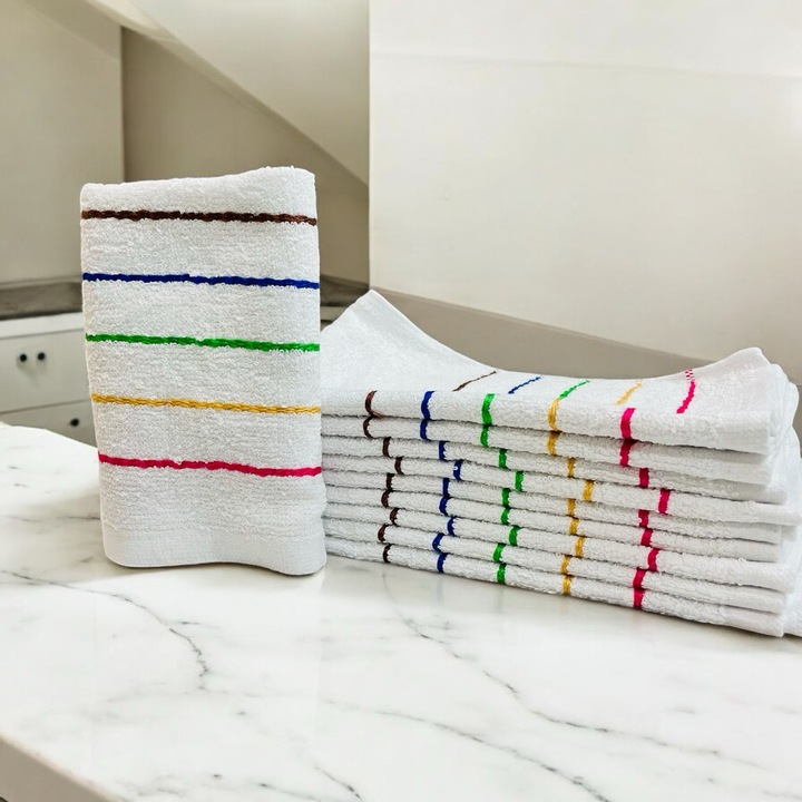 Set 20 Prosoape de maini / bucatarie, din Bumbac 25 x 50 cm, Alb cu Dungi Multicolore