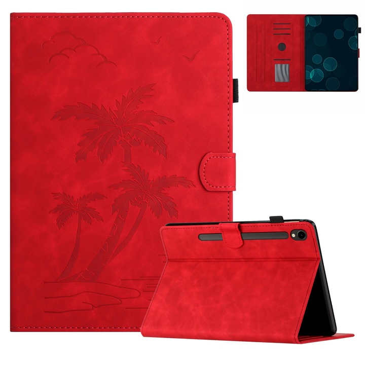 Husa tableta compatibila cu Samsung Galaxy Tab S7 T870/T875, cu design empatat cu palmier, din piele inteligenta, rosu