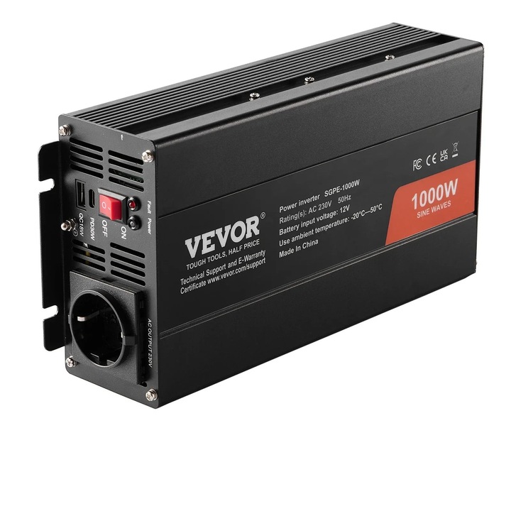 Power Inverter, 1000W, Pure Sine Wave, Multi-Port, Remote Control, Black