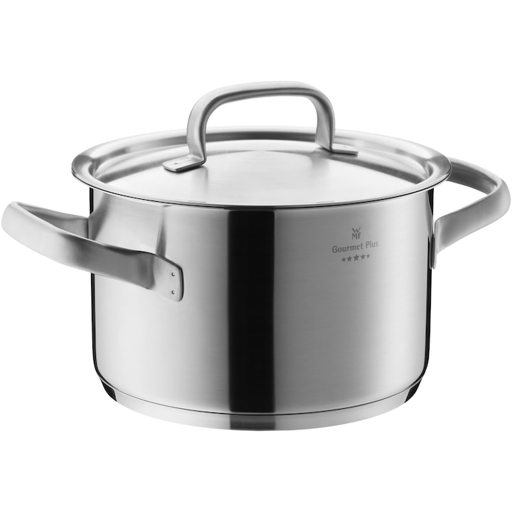 Голяма тенджера Wmf Gourmet Plus 20 см, метален капак с отвор за пара, висок гювеч за индукция 3, 9 л, матова неръждаема стомана Cromargan, вътрешна везна