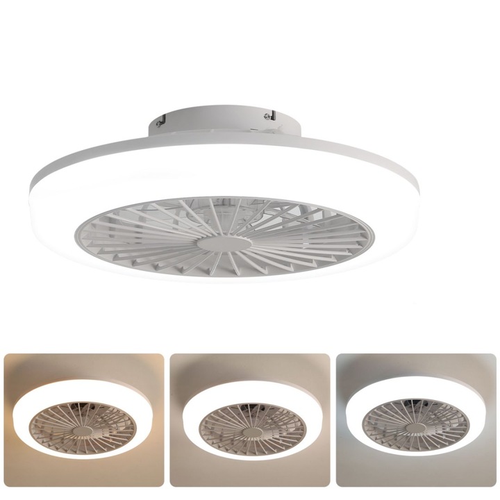 Ventilator de tavan iluminat cu LED-uri, multifunctional, sursa de lumina 60W, 3 culori de lumina, Alb