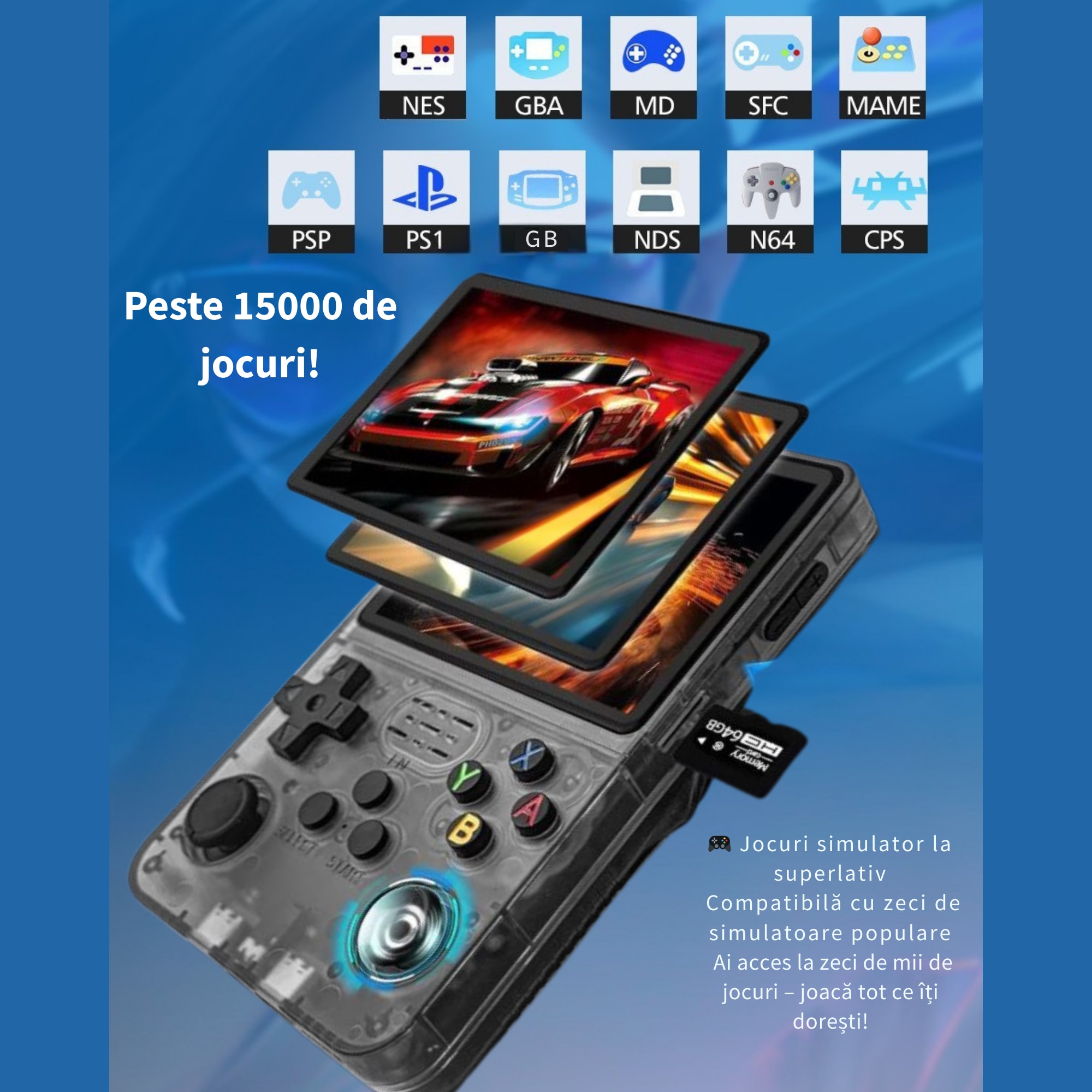 Consola portabila retro R36S, 64GB, peste 15000 jocuri clasice preinstalate, ecran IPS 3.5” HD, joystick dual 3D, suport multi-emulator, baterie 3000mAh, card microSD inclus, gri