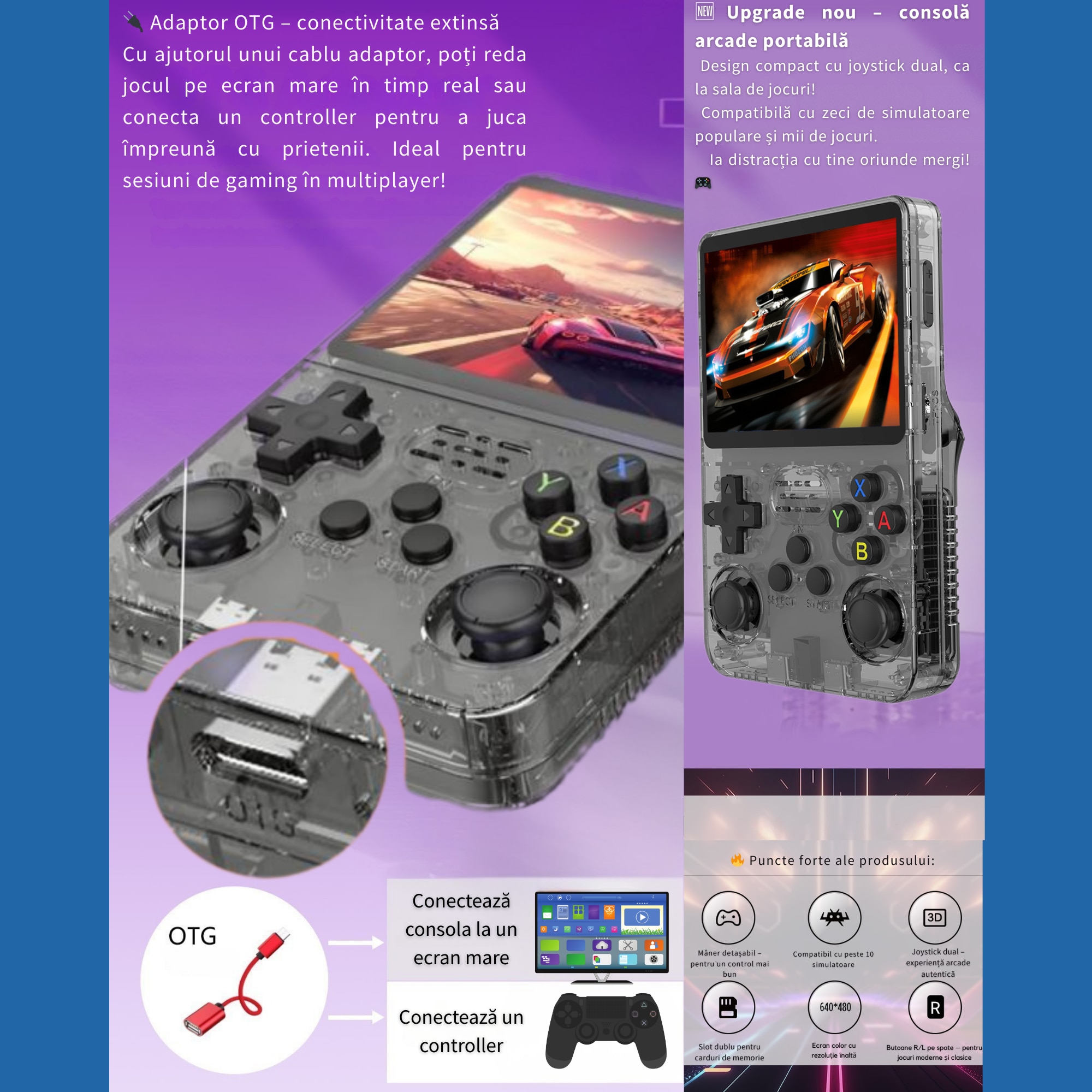 Consola portabila retro R36S, 64GB, peste 15000 jocuri clasice preinstalate, ecran IPS 3.5” HD, joystick dual 3D, suport multi-emulator, baterie 3000mAh, card microSD inclus, gri