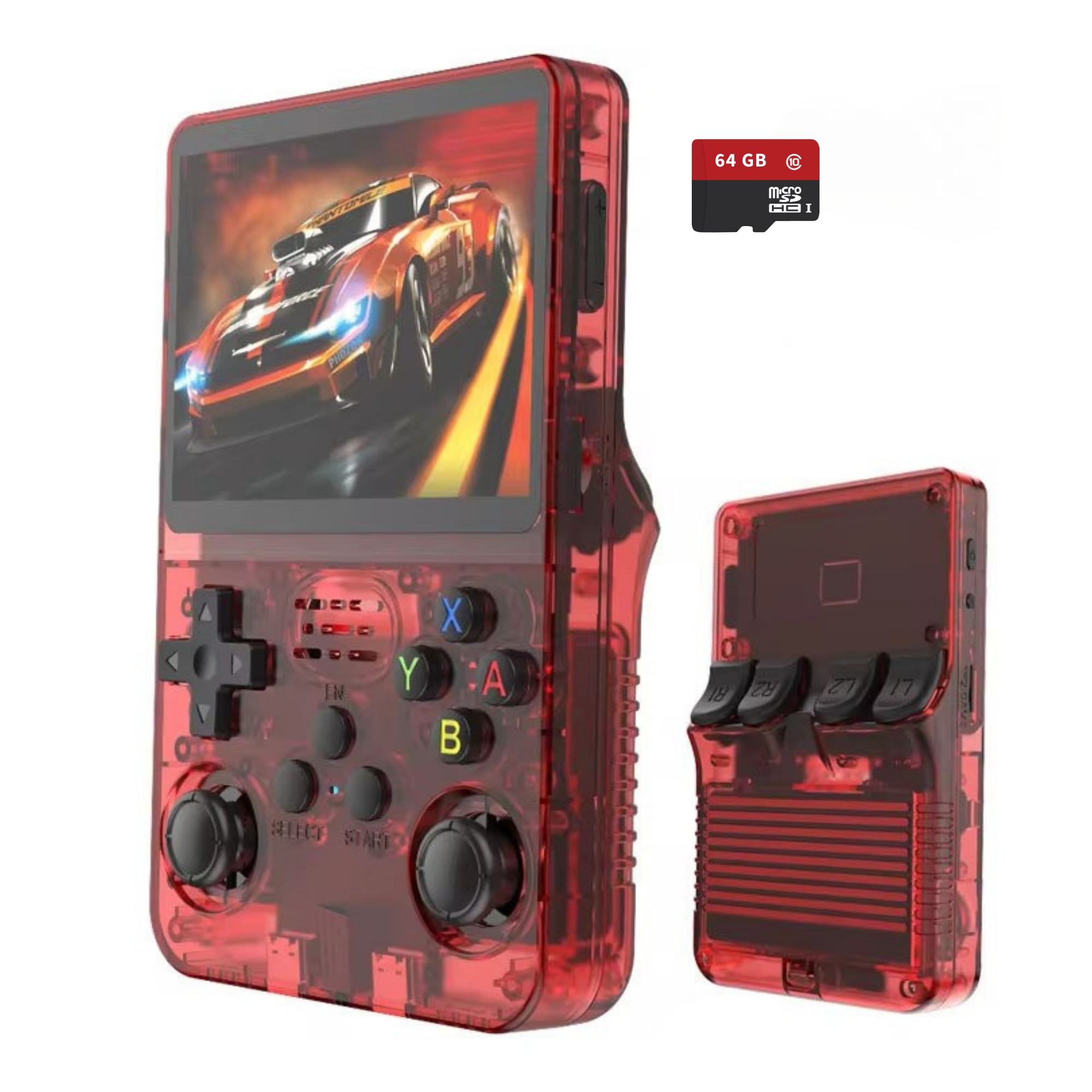 Consola portabila retro R36S, 64GB, peste 15000 jocuri clasice preinstalate, ecran IPS 3.5” HD, joystick dual 3D, suport multi-emulator, baterie 3000mAh, card microSD inclus, rosu