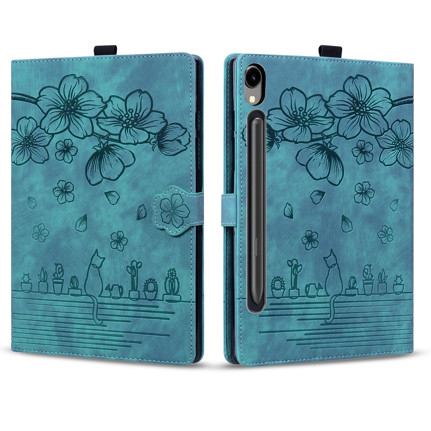 Husa tableta compatibila cu Samsung Galaxy Tab S9 FE, piele gravata cu motive de pisici si cirese, verde