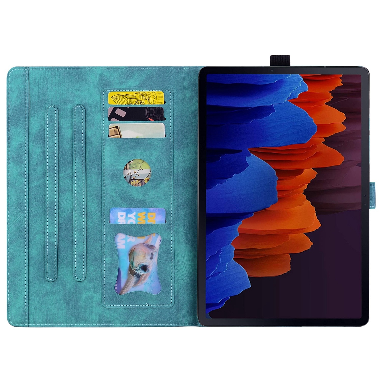 Husa tableta compatibila cu Samsung Galaxy Tab S9 FE, piele gravata cu motive de pisici si cirese, verde