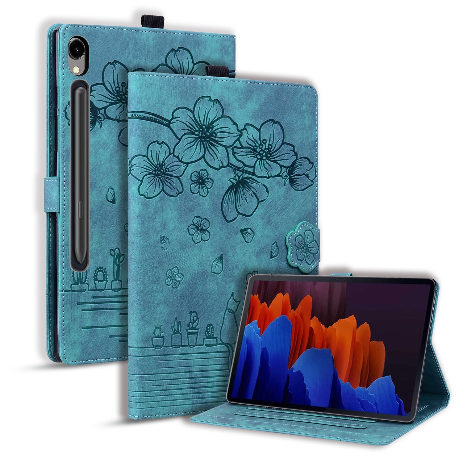 Husa tableta compatibila cu Samsung Galaxy Tab S9 FE, piele gravata cu motive de pisici si cirese, verde
