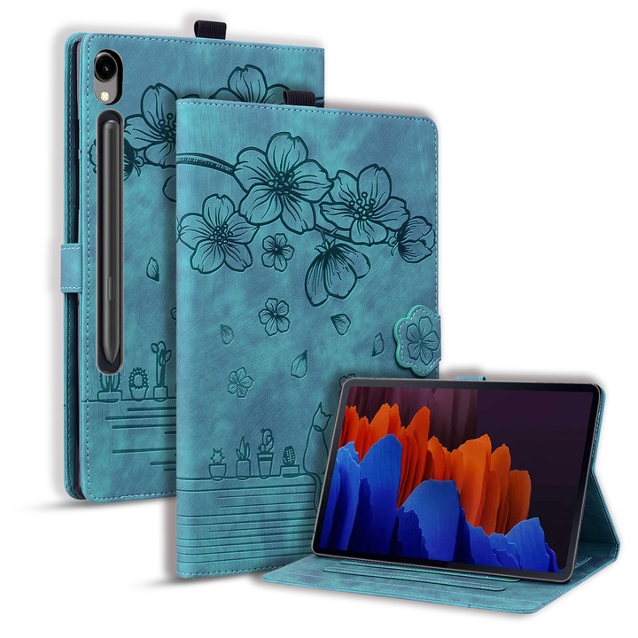 Samsung Galaxy Tab S9 FE-vel kompatibilis táblagép tok, dombornyomott bőr macska és cseresznyevirág mintával, zöld