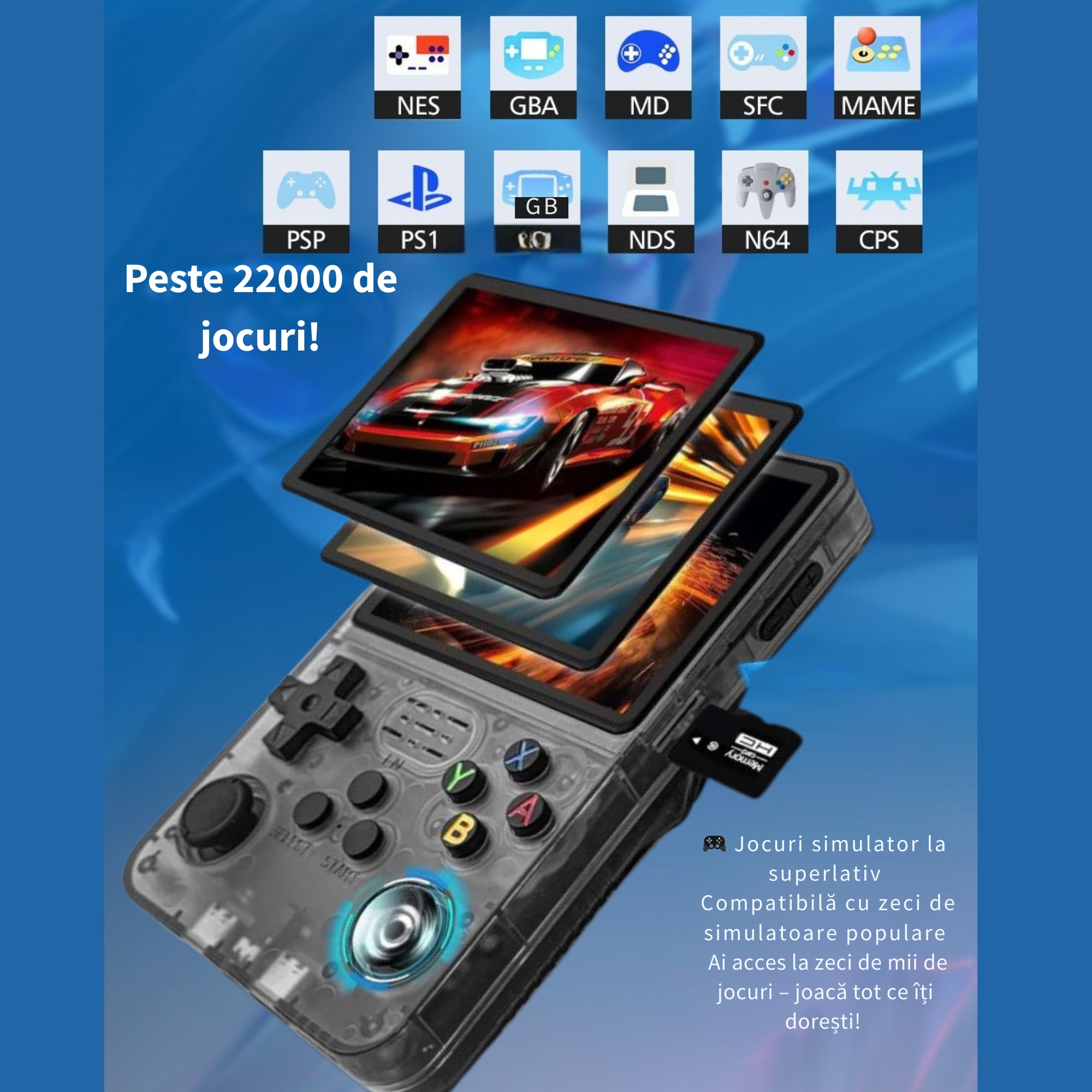 Consola portabila retro R36S, 128GB, peste 22000 jocuri clasice preinstalate, ecran IPS 3.5” HD, joystick dual 3D, suport multi-emulator, baterie 3000mAh, card microSD inclus, gri