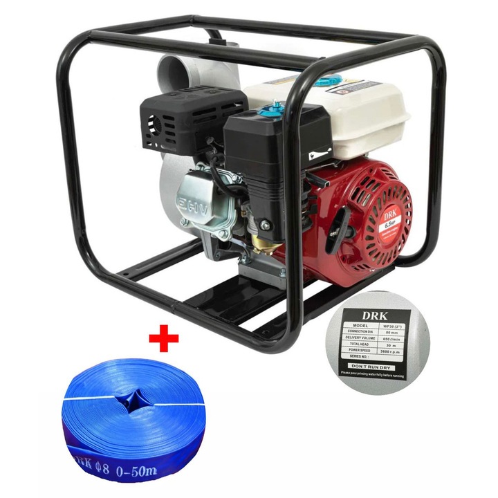 Motopompa DRK 3.0 toli, 6.5 Cp + Furtun Pompieri Cauciuc, DRK, 3 toli, 50m