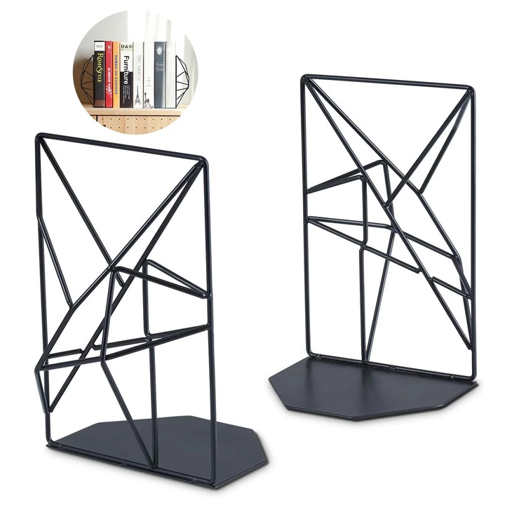 Suporturi carti metalice YANYXR, design geometric, negru, 18x12x8.2cm, set 2 bucati