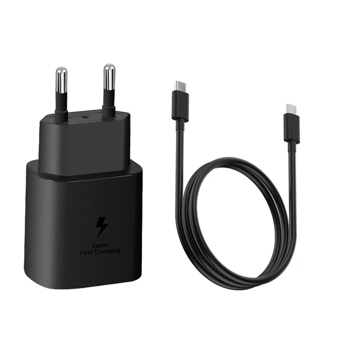 Incarcator retea Super Fast Charging compatibil cu Samsung A16/A06/A25/A35/A55, USB C, 25W plus cablu USB-C la USB-C, 3A, Negru