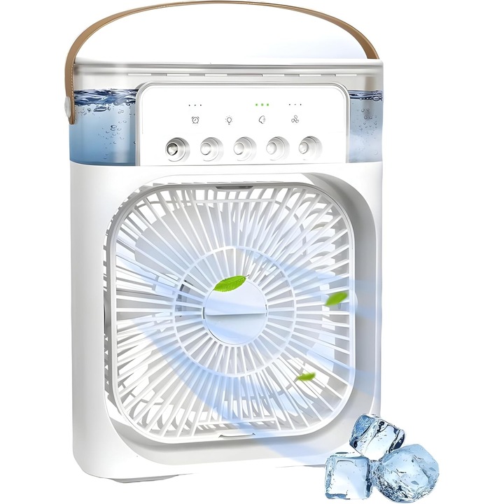 Mini Ventilator Portabil 3 in 1 EMATTERIO®, Racitor De Aer, Umidificator, Purificator, 7 Moduri De Lumina RGB, Rezervor Apa 600 ml, 25x20x8.5 cm, Alb